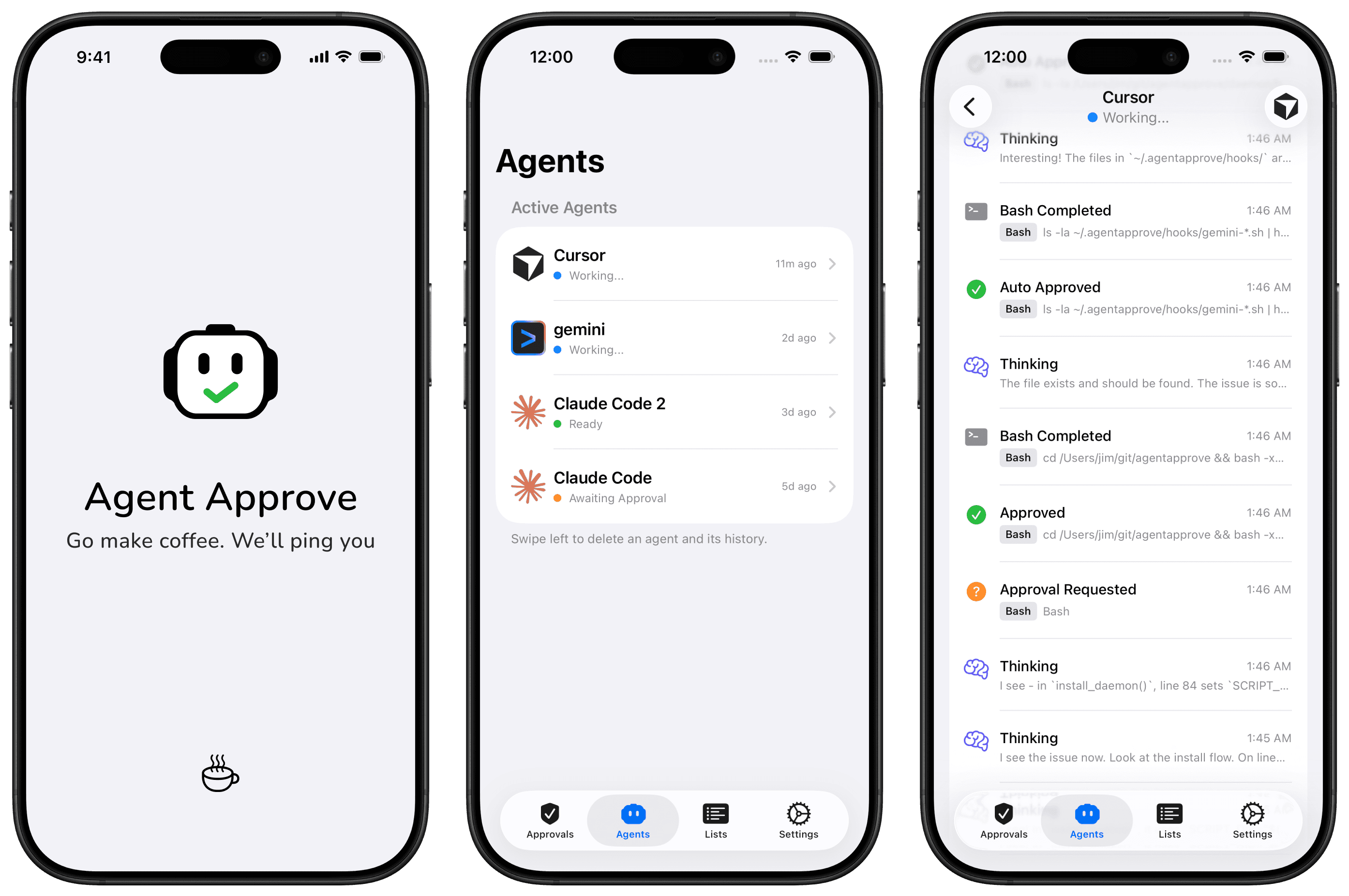 AgentApprove app showing splash screen, agents list, and activity timeline