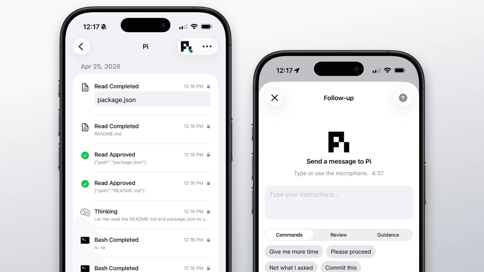 Agent Approve Pi activity and follow-up screens on iPhone