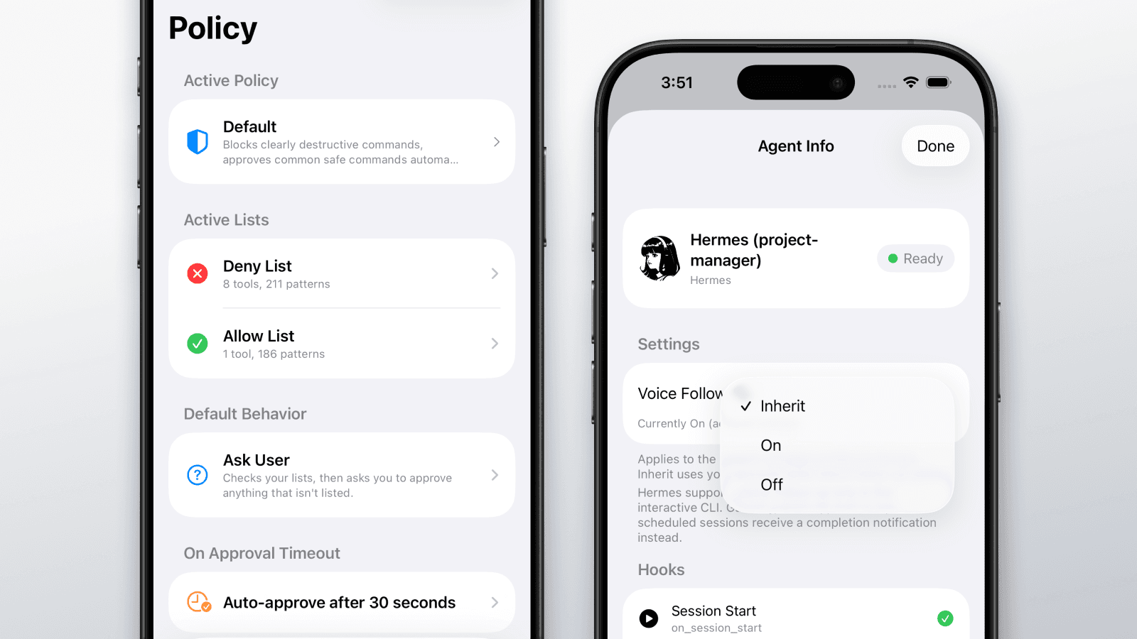 Two iPhone screens: the Policy tab with the Default policy active, its Deny List and Allow List pattern counts, Ask User default behavior, and an auto-approve approval timeout, next to the Agent Info sheet for a Hermes profile with its Voice Follow-up setting open on Inherit, On, and Off