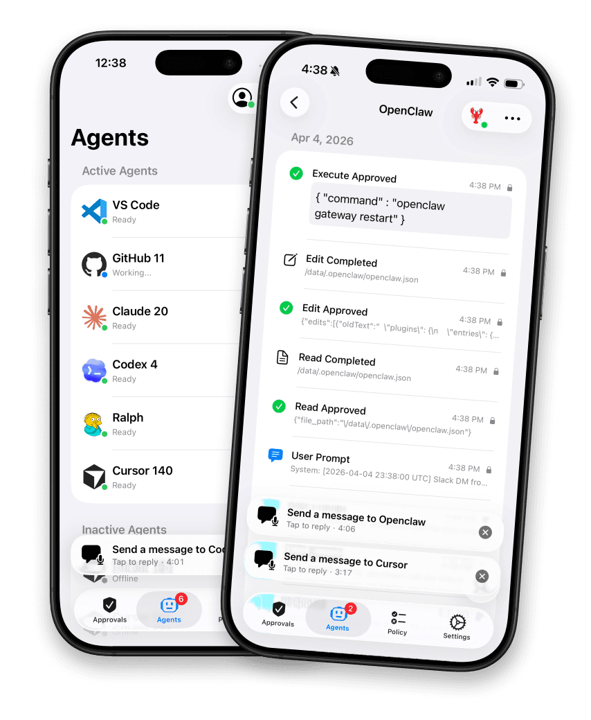 Agent Approve on iPhone showing agents and event timeline