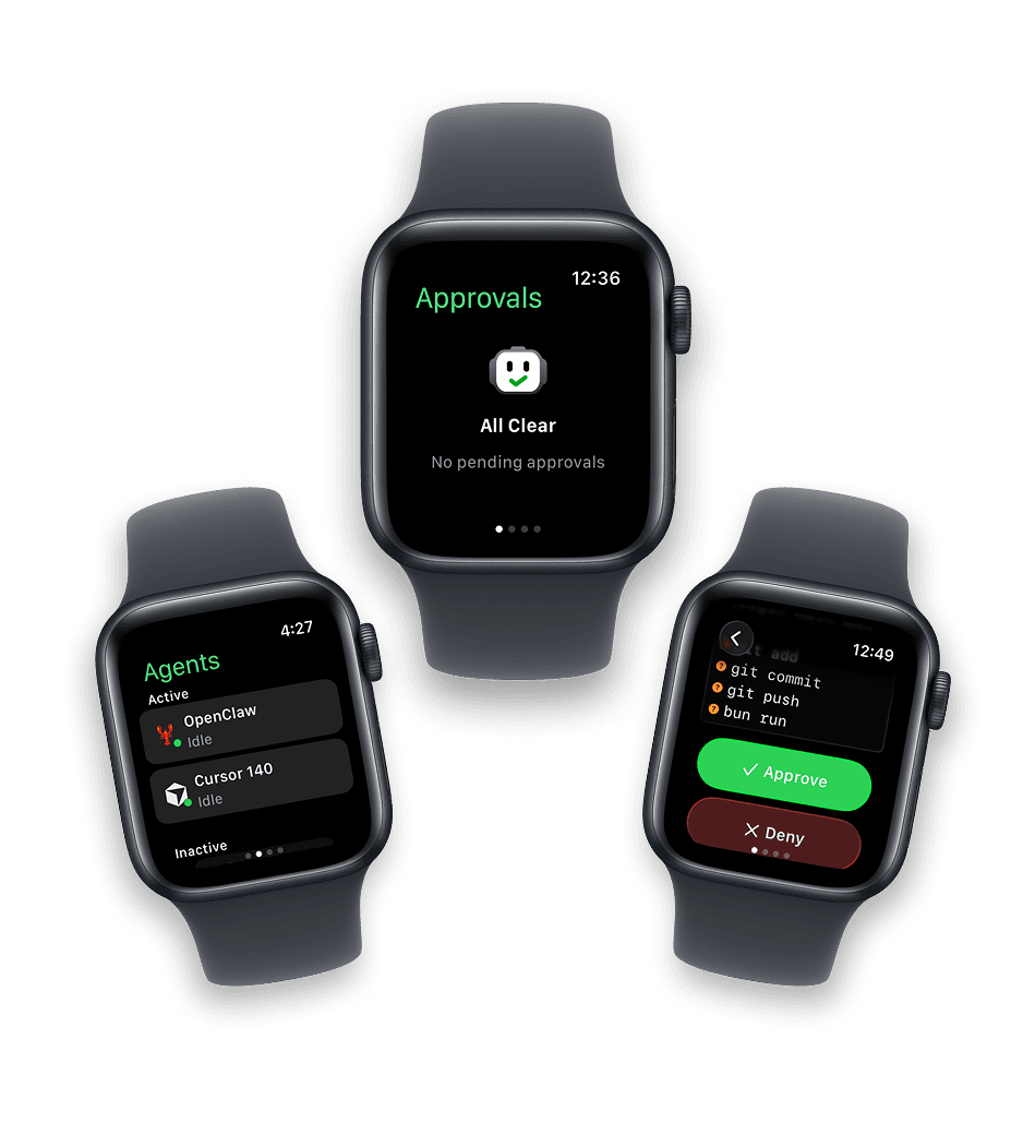Agent Approve on Apple Watch showing approval flow and agent list