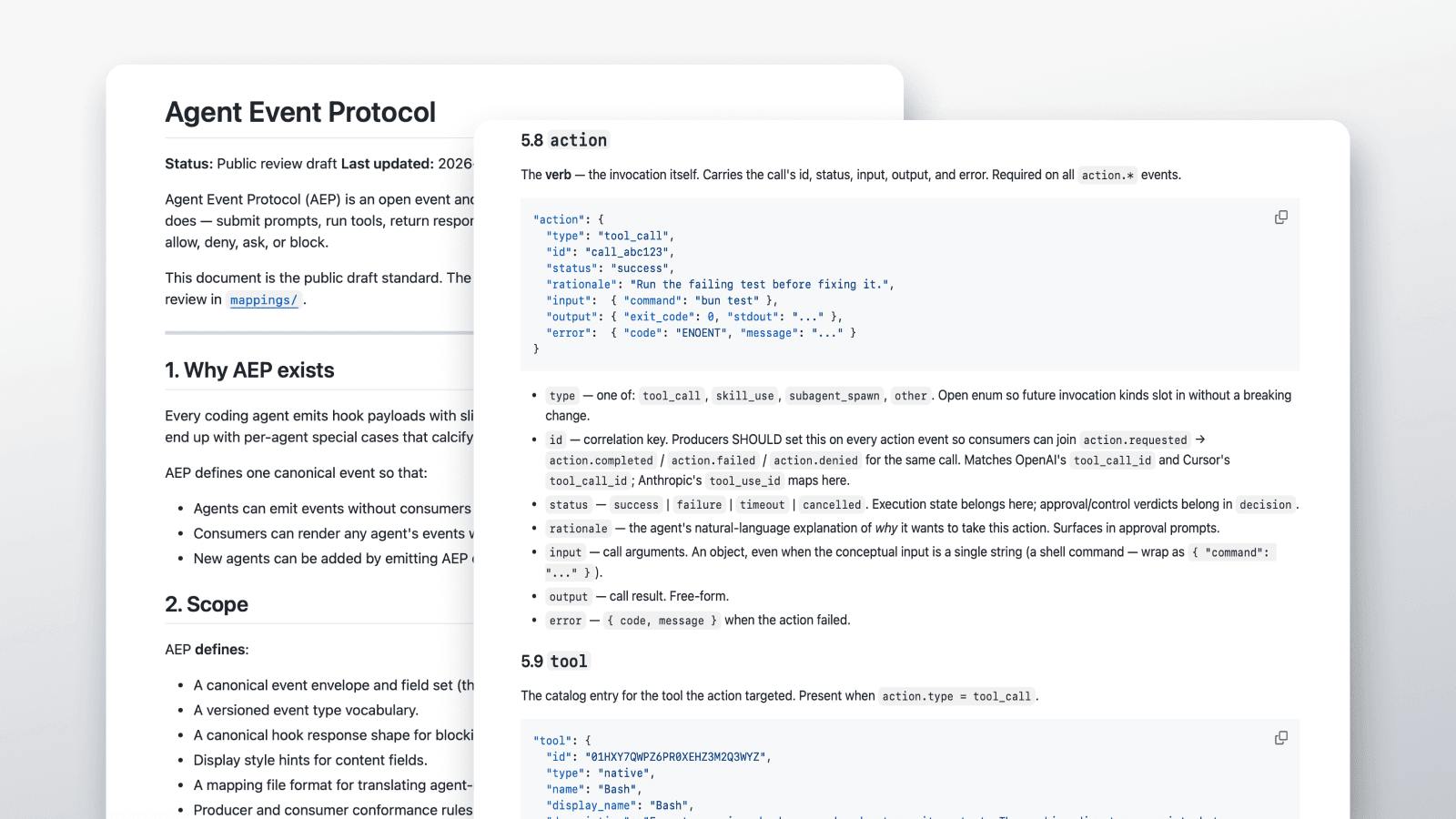 Agent Event Protocol draft page showing event fields and hook response lifecycle