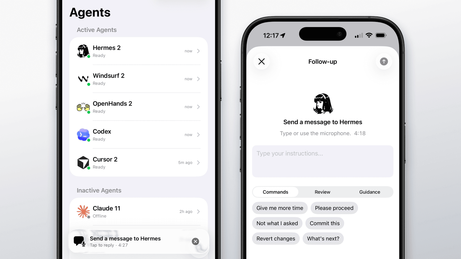 Agent Approve iPhone screens showing the new Hermes, Windsurf, and OpenHands integrations