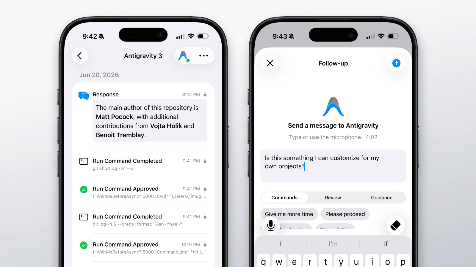 Agent Approve iPhone screens showing Google Antigravity activity, responses, and subagent events