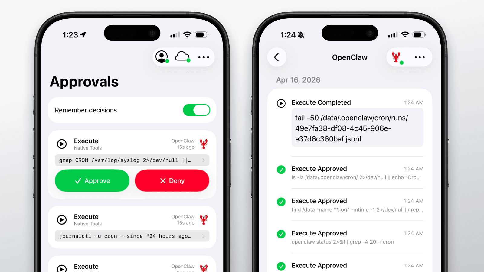 Agent Approve showing OpenClaw agent events on iPhone
