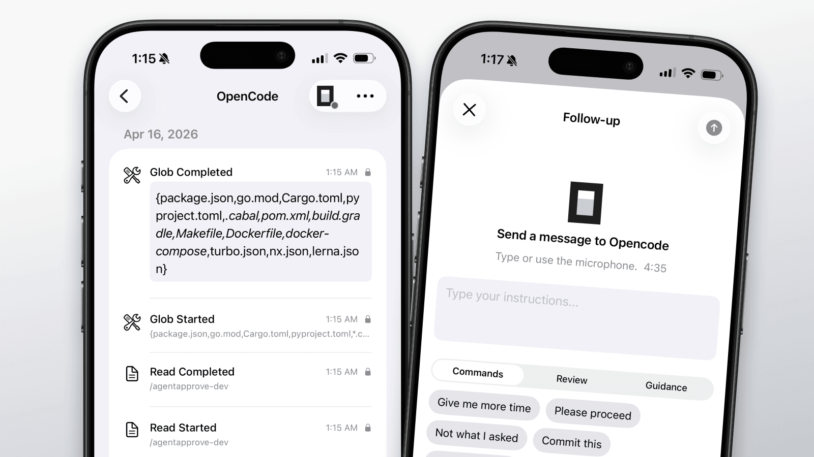 Agent Approve showing OpenCode agent activity on iPhone